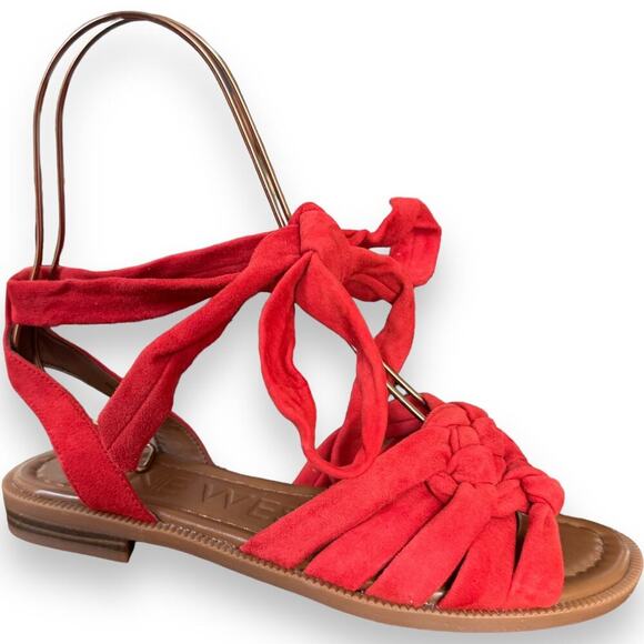 Nine West Xameera Red Suede Ankle Tie Flat Braided Toe Sandals Size 8 NEW NO BOX - Picture 4 of 11